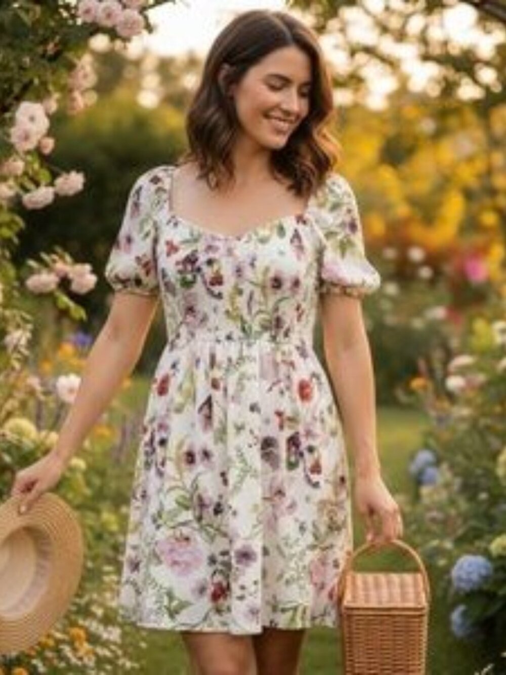 Floral Smocked Waist Puff Sleeve Mini Dress Cottagecore Garden Party